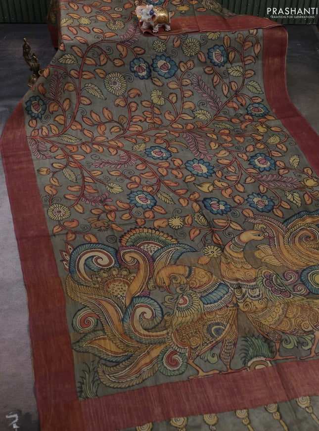 Grey & Mauve Pink Pure Tussar Silk - Pen Kalamkari Prints