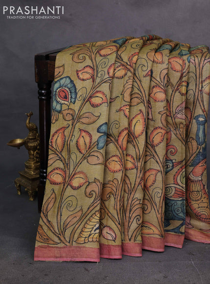 Elaichi Green & Mauve Pink Pure Tussar Silk - Pen Kalamkari Prints