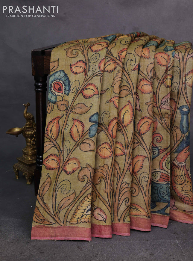 Elaichi Green & Mauve Pink Pure Tussar Silk - Pen Kalamkari Prints