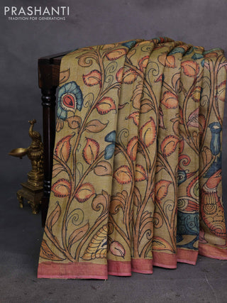 Elaichi Green & Mauve Pink Pure Tussar Silk - Pen Kalamkari Prints