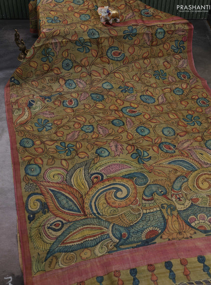 Elaichi Green & Mauve Pink Pure Tussar Silk - Pen Kalamkari Prints