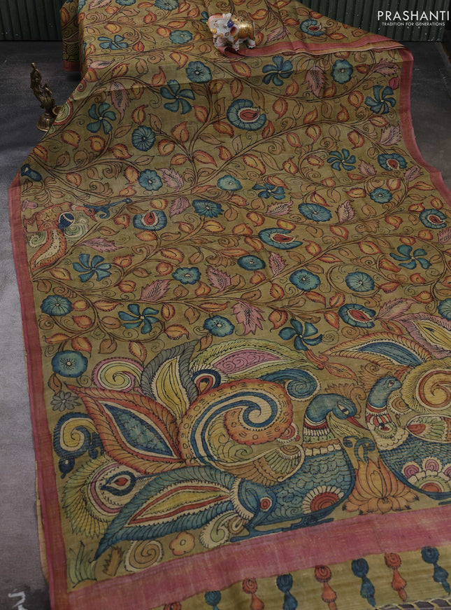 Elaichi Green & Mauve Pink Pure Tussar Silk - Pen Kalamkari Prints