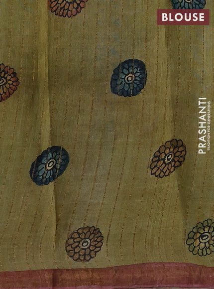 Elaichi Green & Mauve Pink Pure Tussar Silk - Pen Kalamkari Prints