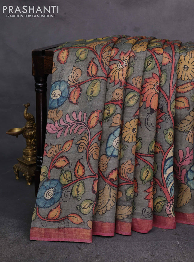 Grey & Mauve Pink Pure Tussar Silk - Pen Kalamkari Prints