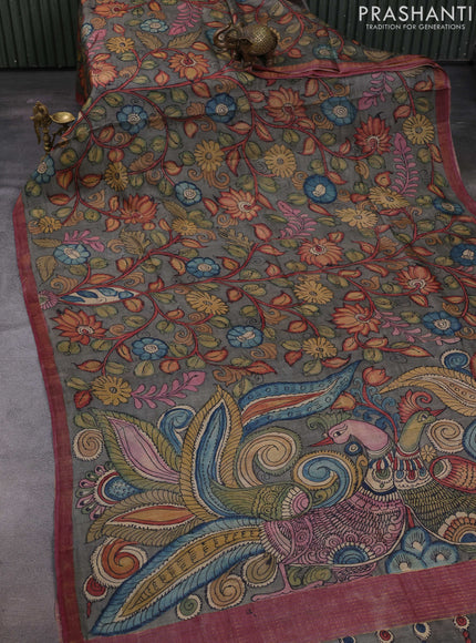 Grey & Mauve Pink Pure Tussar Silk - Pen Kalamkari Prints