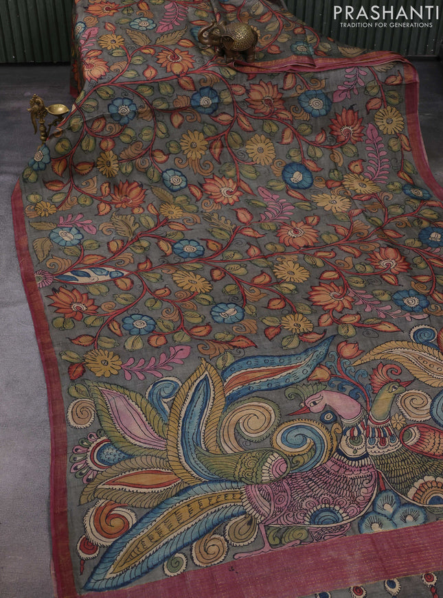 Grey & Mauve Pink Pure Tussar Silk - Pen Kalamkari Prints