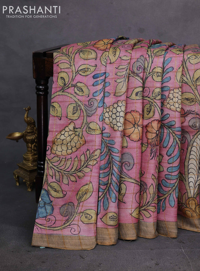 Pastel Pink Pure Tussar Silk - Pen Kalamkari Prints