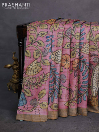 Pastel Pink Pure Tussar Silk - Pen Kalamkari Prints