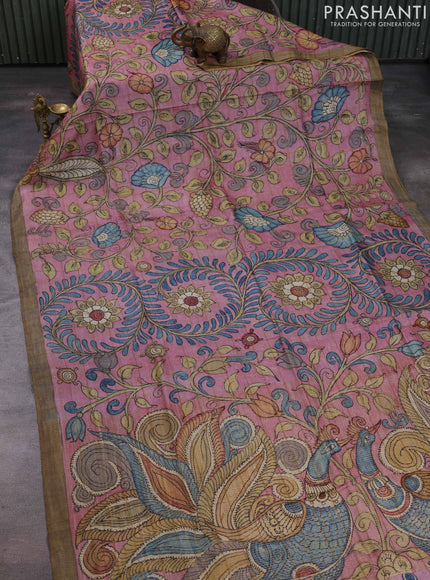 Pastel Pink Pure Tussar Silk - Pen Kalamkari Prints