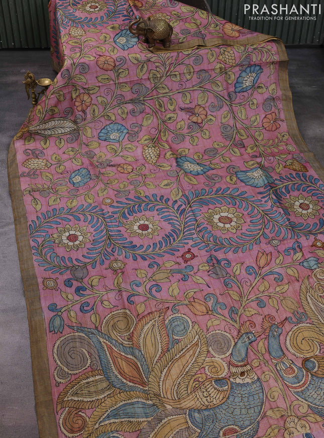 Pastel Pink Pure Tussar Silk - Pen Kalamkari Prints