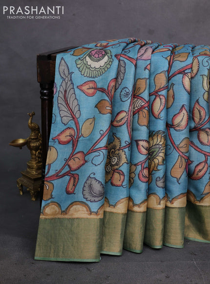 Blue & Green Pure Tussar Silk - Pen Kalamkari Prints
