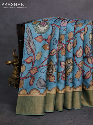 Blue & Green Pure Tussar Silk - Pen Kalamkari Prints