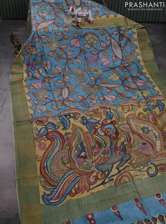 Blue & Green Pure Tussar Silk - Pen Kalamkari Prints