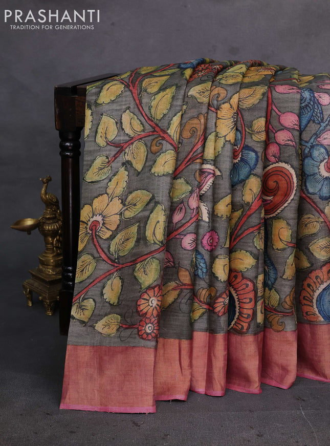Grey & Pastel Pink Pure Tussar Silk - Pen Kalamkari Prints