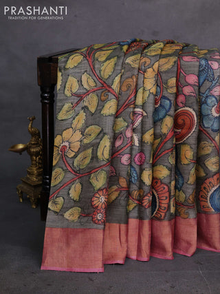 Grey & Pastel Pink Pure Tussar Silk - Pen Kalamkari Prints