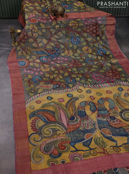 Grey & Pastel Pink Pure Tussar Silk - Pen Kalamkari Prints
