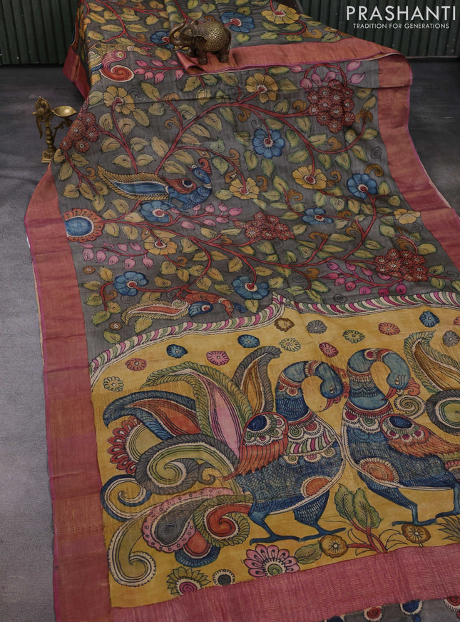 Grey & Pastel Pink Pure Tussar Silk - Pen Kalamkari Prints