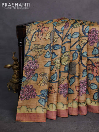 Sandal & Peach Pink Pure Tussar Silk - Pen Kalamkari Prints