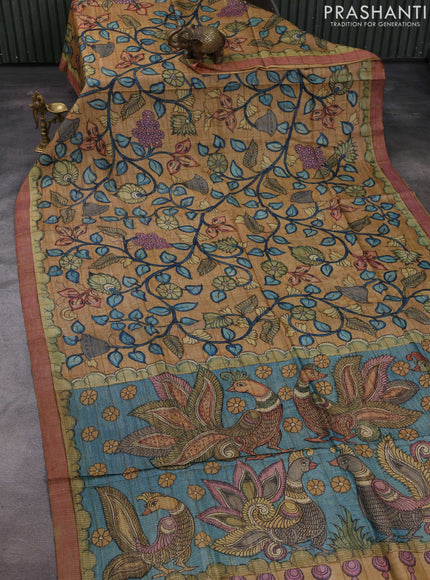 Sandal & Peach Pink Pure Tussar Silk - Pen Kalamkari Prints