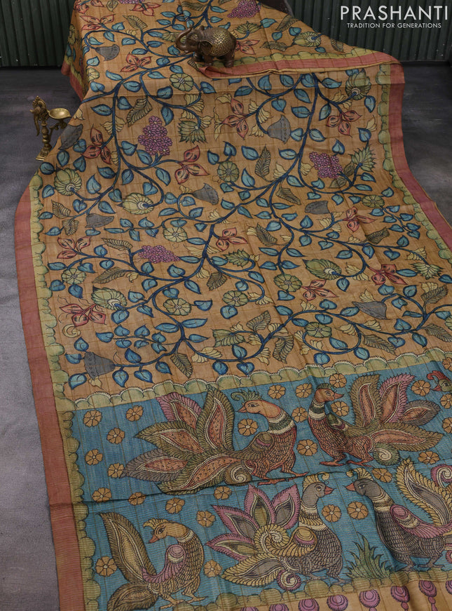 Sandal & Peach Pink Pure Tussar Silk - Pen Kalamkari Prints