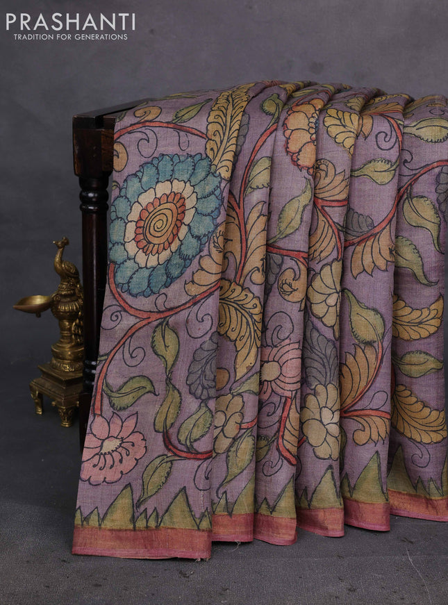 Grey & Peach Pink Pure Tussar Silk - Pen Kalamkari Prints