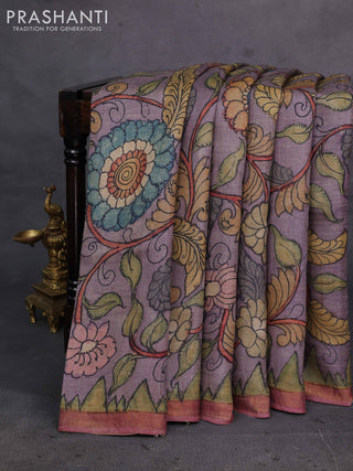 Grey & Peach Pink Pure Tussar Silk - Pen Kalamkari Prints