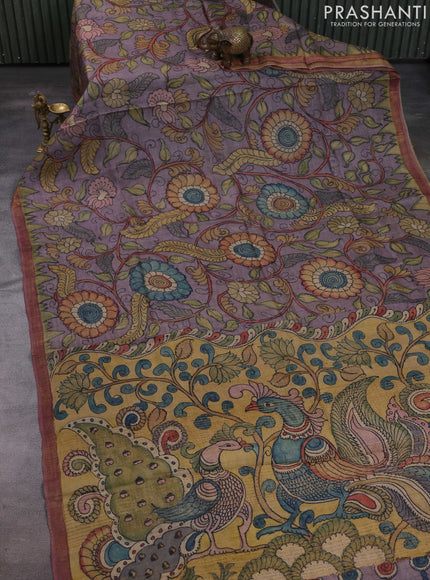 Grey & Peach Pink Pure Tussar Silk - Pen Kalamkari Prints