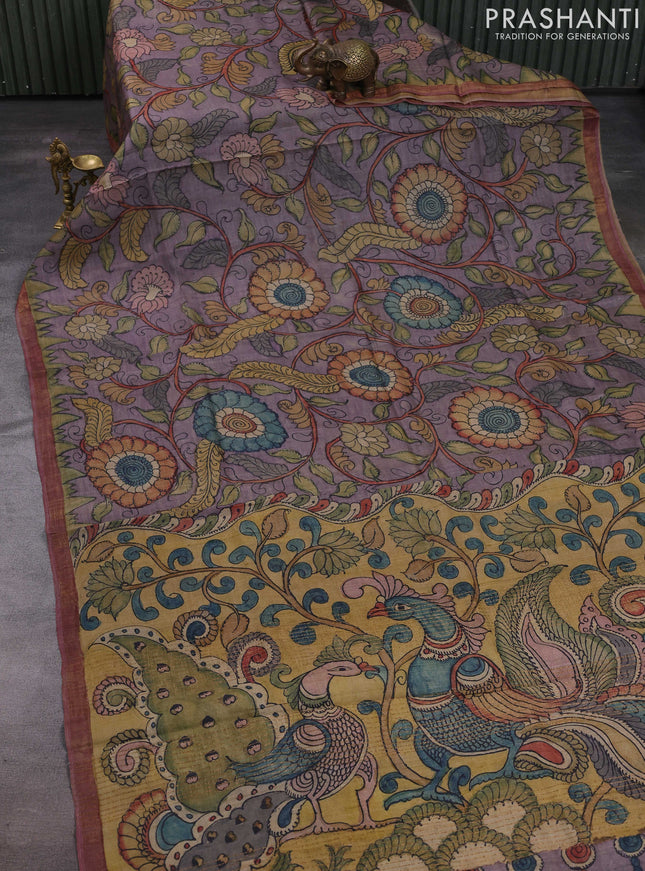 Grey & Peach Pink Pure Tussar Silk - Pen Kalamkari Prints