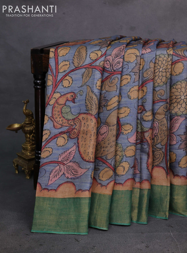Grey & Green Pure Tussar Silk - Pen Kalamkari Prints