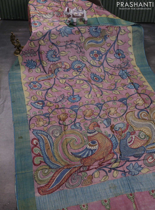 Grey & Green Pure Tussar Silk - Pen Kalamkari Prints