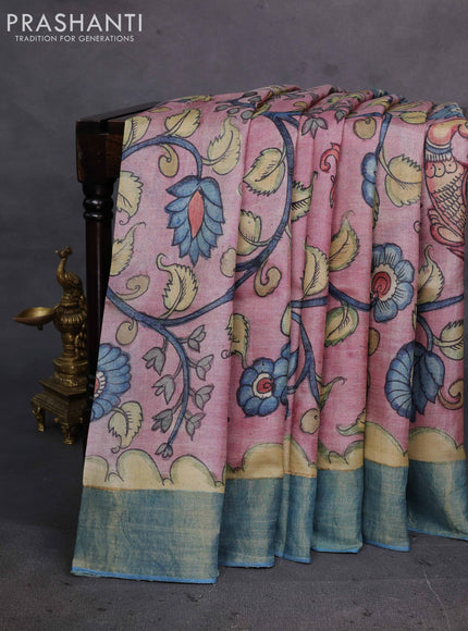 Pastel Pink & Blue Pure Tussar Silk - Pen Kalamkari Prints