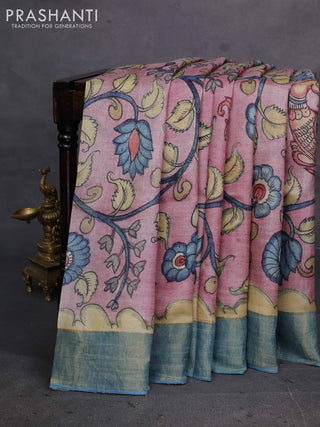 Pastel Pink & Blue Pure Tussar Silk - Pen Kalamkari Prints
