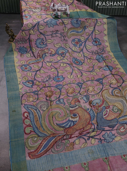 Pastel Pink & Blue Pure Tussar Silk - Pen Kalamkari Prints