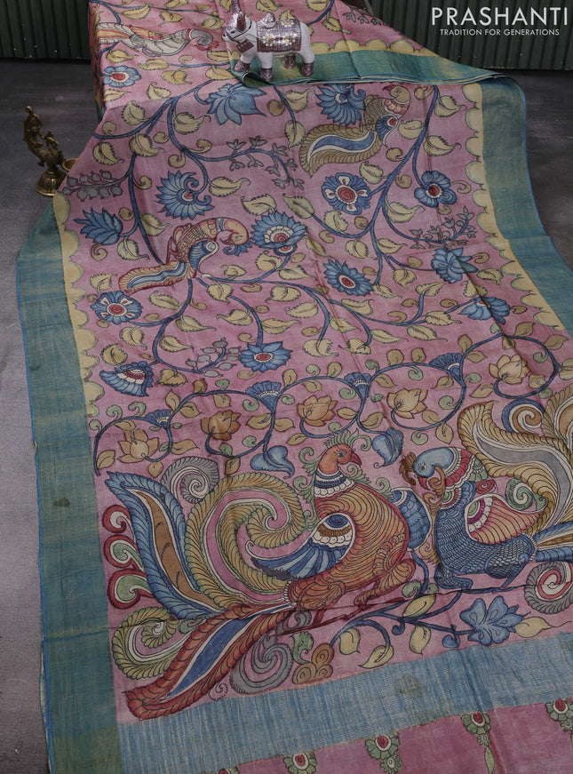 Pastel Pink & Blue Pure Tussar Silk - Pen Kalamkari Prints