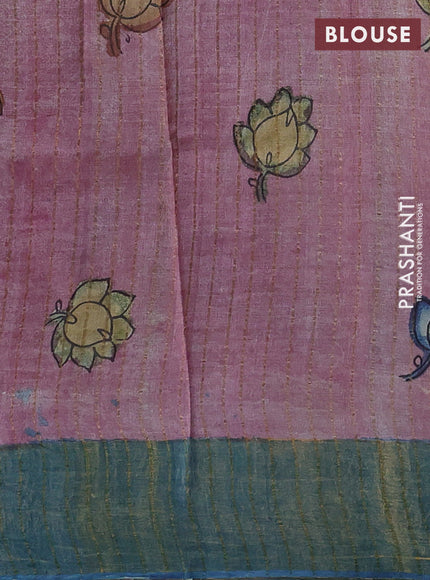 Pastel Pink & Blue Pure Tussar Silk - Pen Kalamkari Prints