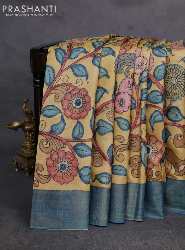 Mustard & Blue Pure Tussar Silk - Pen Kalamkari Prints