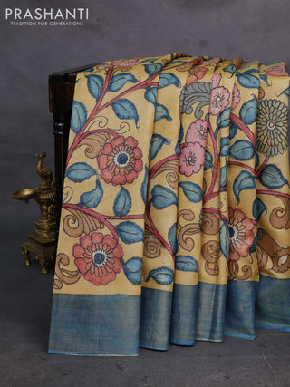 Mustard & Blue Pure Tussar Silk - Pen Kalamkari Prints