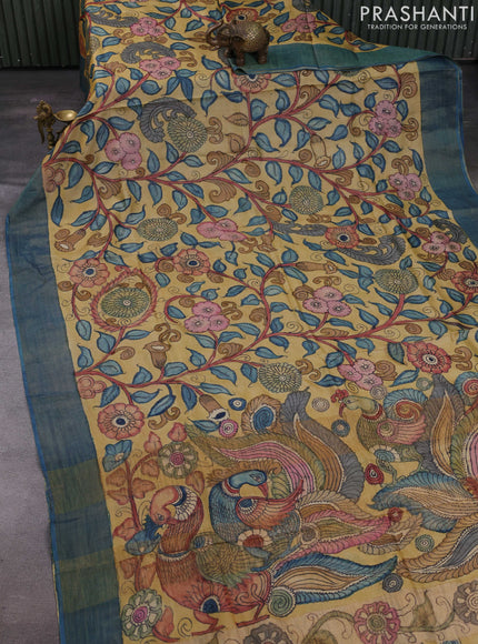 Mustard & Blue Pure Tussar Silk - Pen Kalamkari Prints