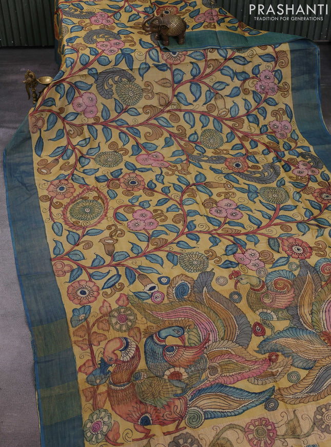 Mustard & Blue Pure Tussar Silk - Pen Kalamkari Prints