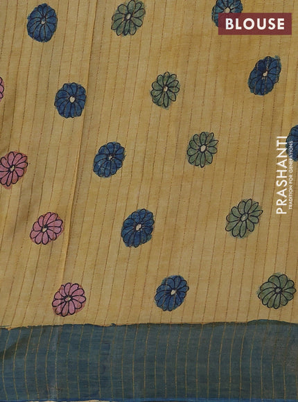 Mustard & Blue Pure Tussar Silk - Pen Kalamkari Prints