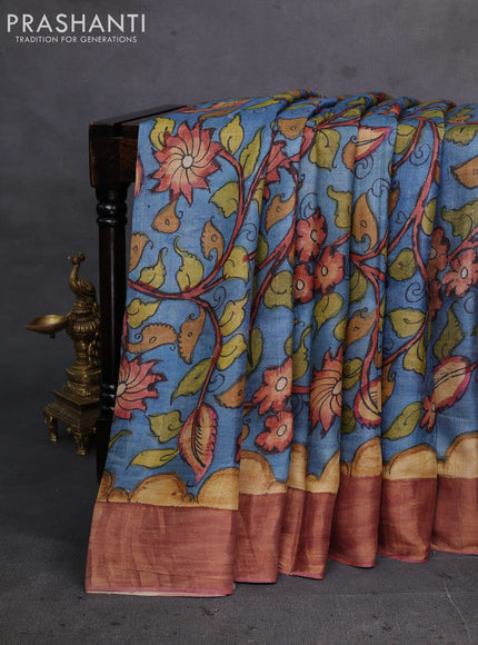 Blue & Peach Pink Pure Tussar Silk - Pen Kalamkari Prints