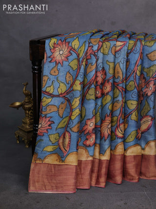 Blue & Peach Pink Pure Tussar Silk - Pen Kalamkari Prints