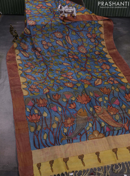 Blue & Peach Pink Pure Tussar Silk - Pen Kalamkari Prints