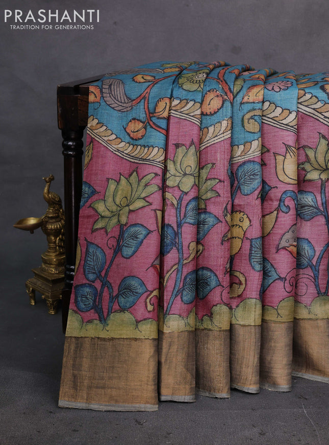 Mauve Pink & Grey Pure Tussar Silk - Pen Kalamkari Prints
