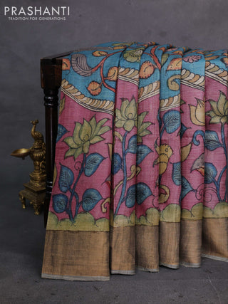 Mauve Pink & Grey Pure Tussar Silk - Pen Kalamkari Prints