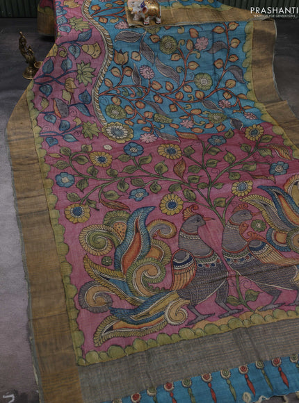 Mauve Pink & Grey Pure Tussar Silk - Pen Kalamkari Prints