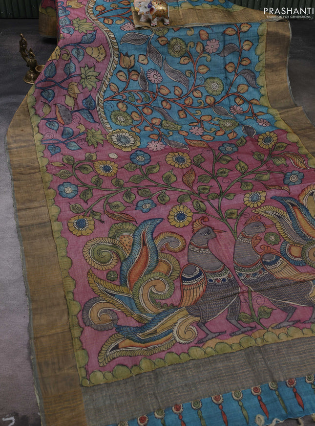 Mauve Pink & Grey Pure Tussar Silk - Pen Kalamkari Prints