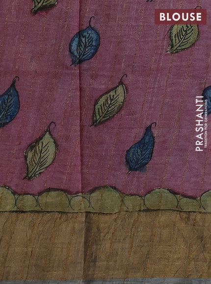 Mauve Pink & Grey Pure Tussar Silk - Pen Kalamkari Prints