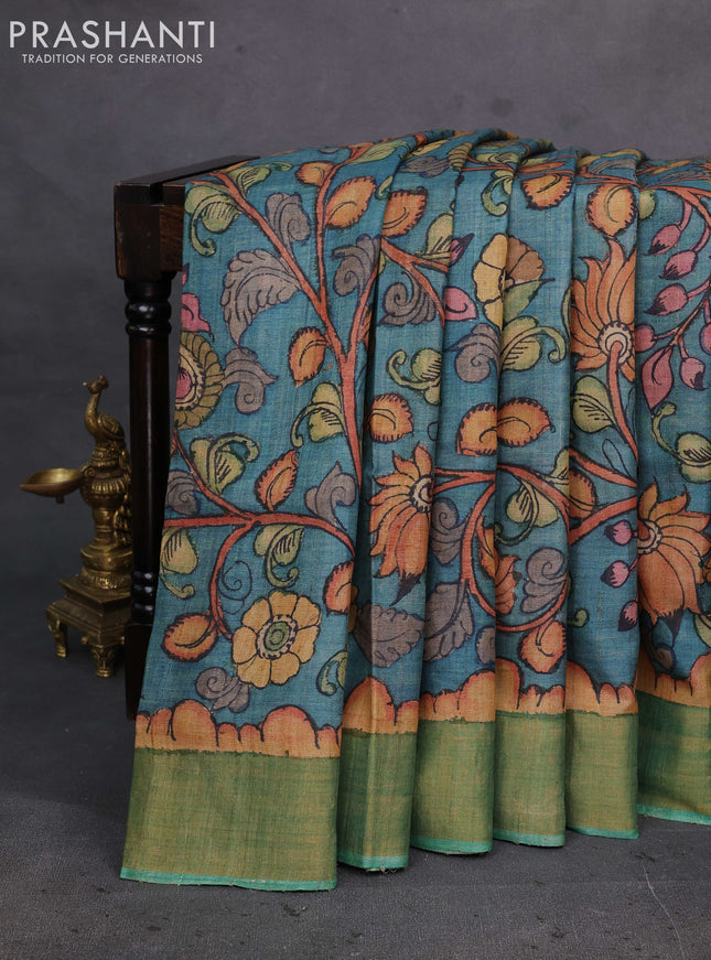 Teal Blue & Green Pure Tussar Silk - Pen Kalamkari Prints