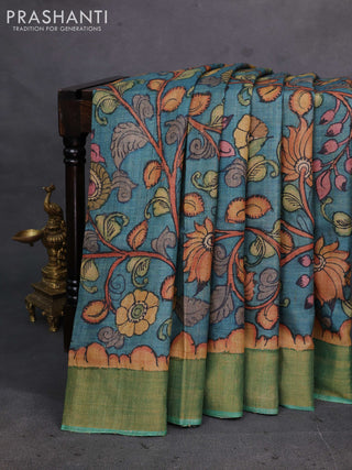 Teal Blue & Green Pure Tussar Silk - Pen Kalamkari Prints